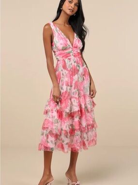 Perfectly Divine Pink Floral Tulle Tiered Ruffled Midi Dress